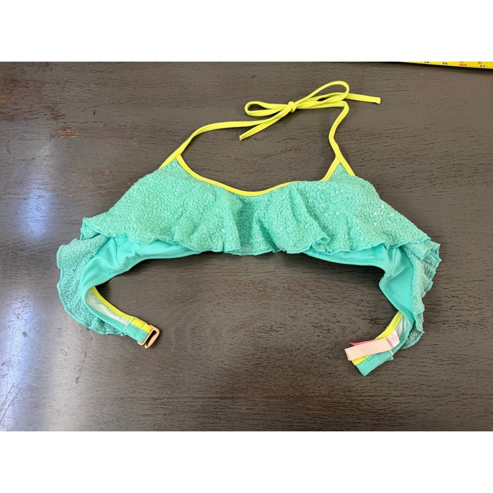 Victoria's Secret Mint Green Sequin Ruffle Lace Halter Bikini Top Medium